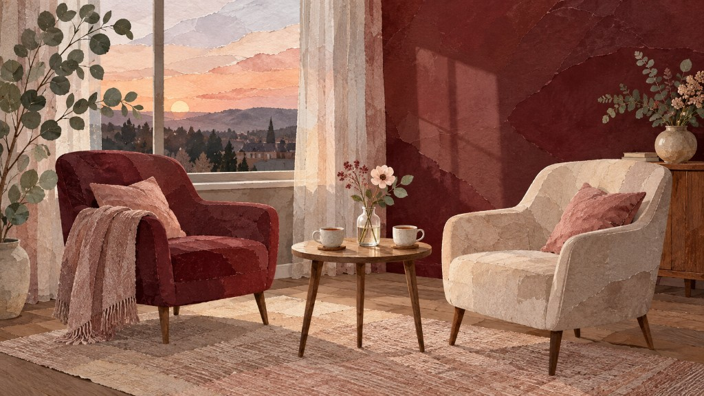 Helles Zimmer mit zwei Sesseln, einem kleinen Tisch und Abendlicht am Fenster