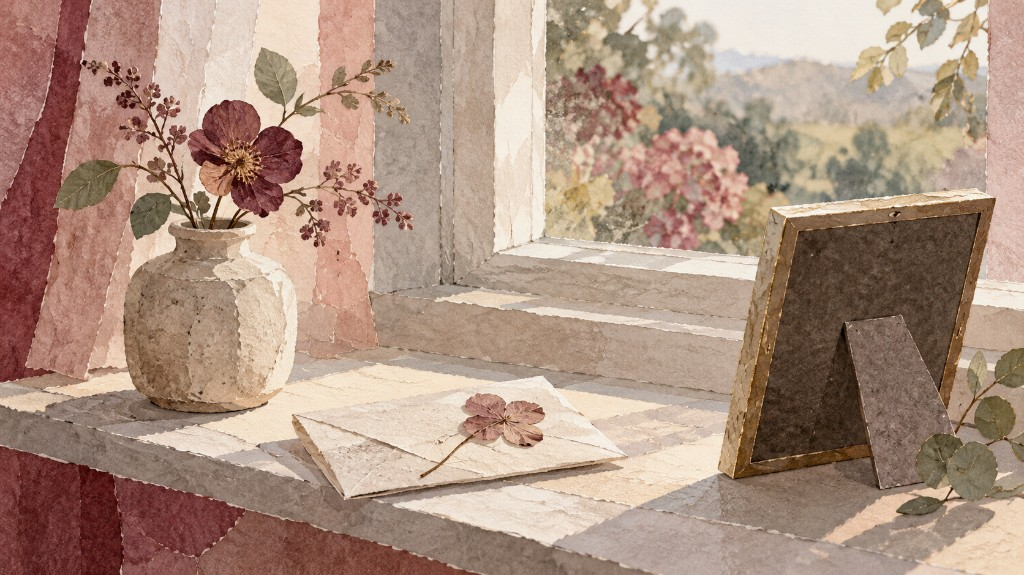 Fensterbank mit Vase, Brief und einem Bilderrahmen im Tageslicht